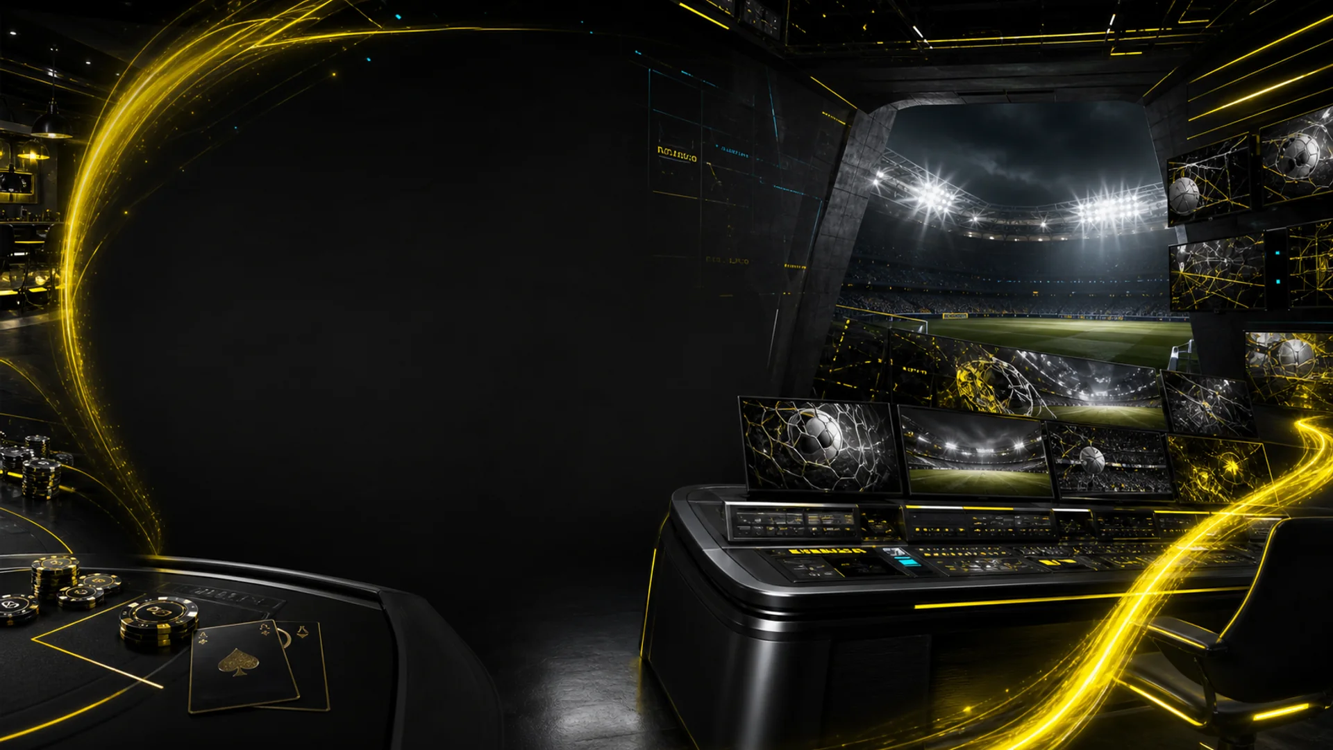 Black and acid-yellow Hyper Casino sportsbook control room overlooking a football stadium